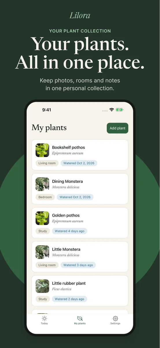 Lilora store artwork with a real collection screen and sample plant records